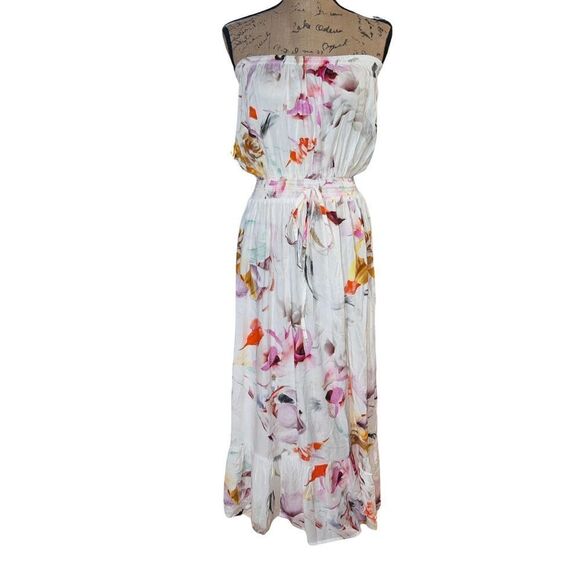 Plum Pretty Sugar White Floral Strapless Casual Women’s  Maxi Dress Bridesmaid L - Picture 3 of 11